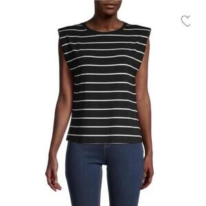 LAUNDRY Shelli Segal Women’s Shoulder Pad Tee in Black|White Stripe-Size Medium
